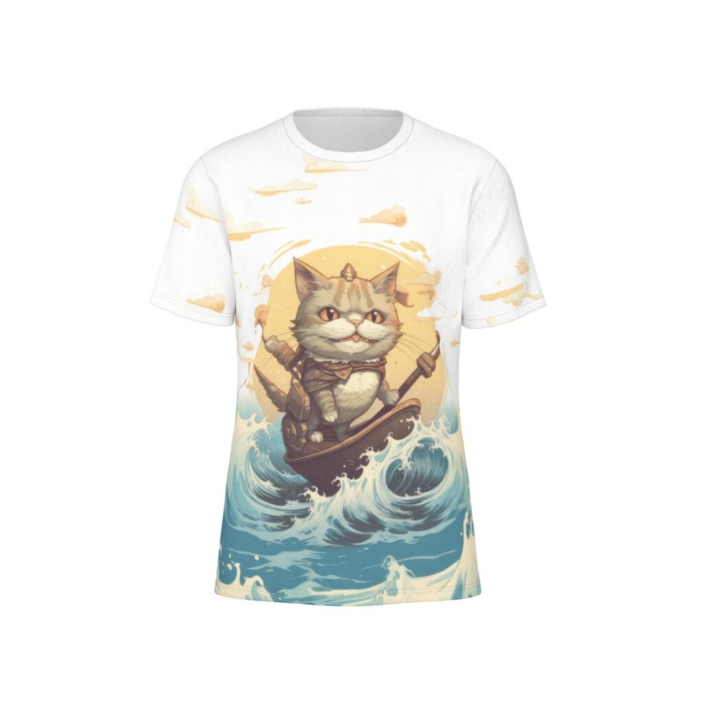 Cat captain in the sea front view all-over-print cotton t-shirt