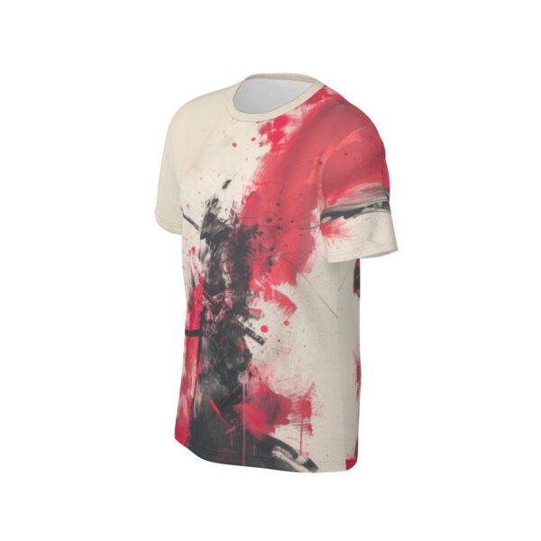 Black samurai on red splashes angled view all-over-print cotton t-shirt