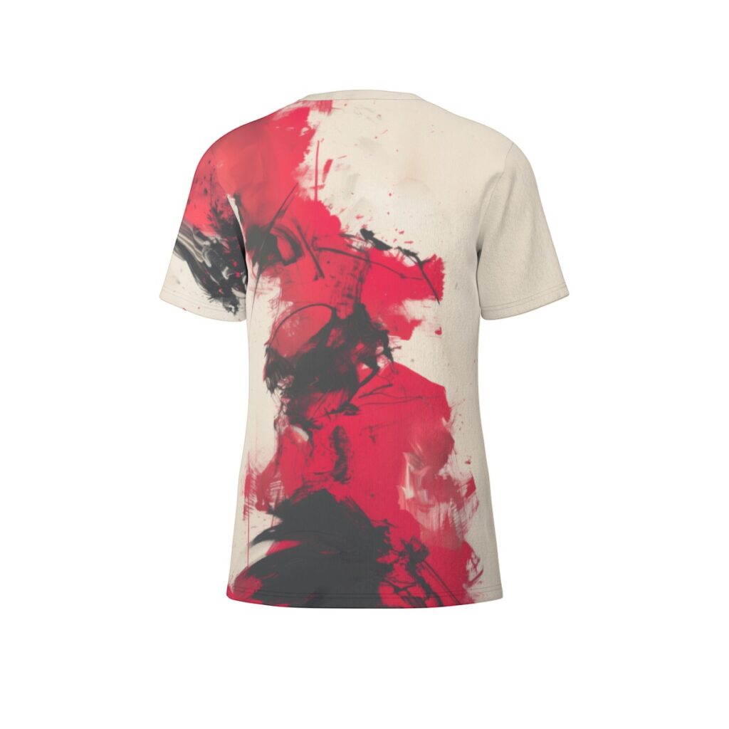 Black samurai on red splashes back view all-over-print cotton t-shirt