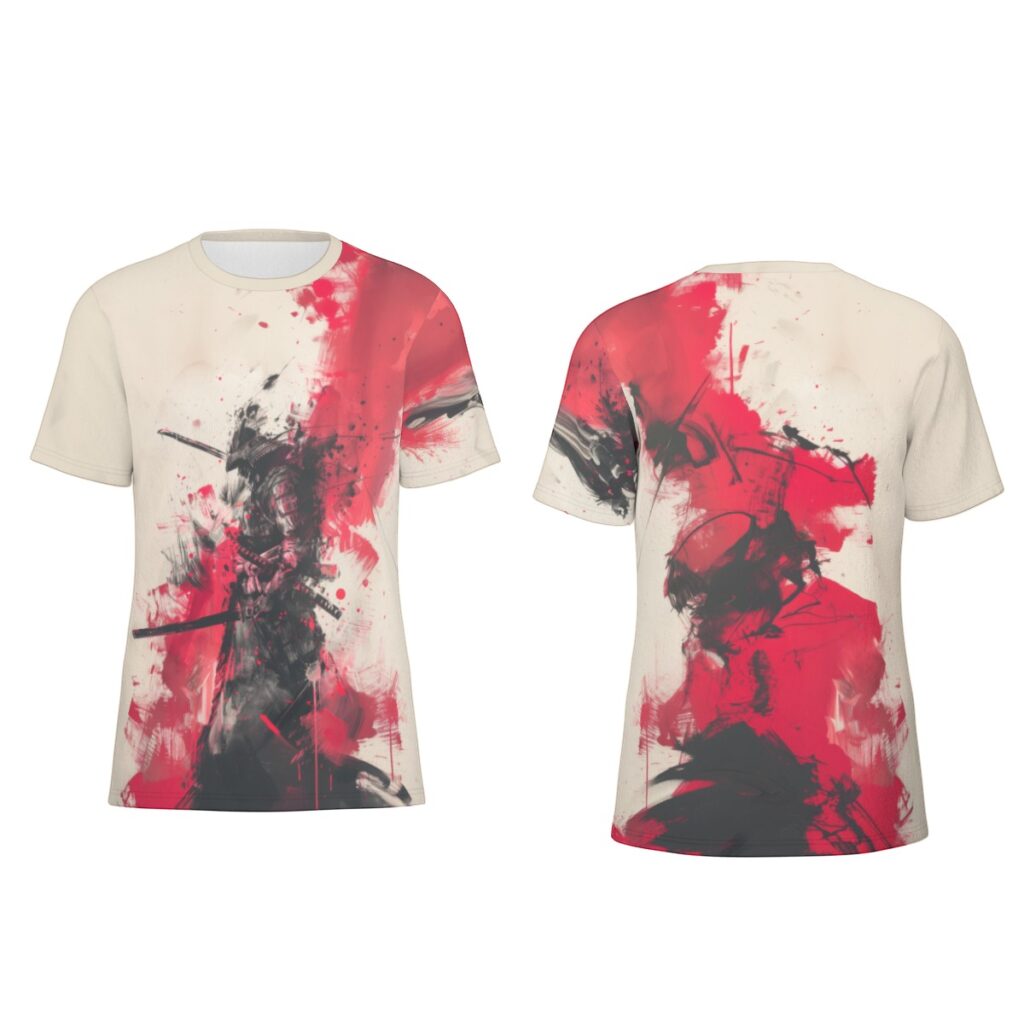 Black samurai on red splashes both sides all-over-print cotton t-shirt