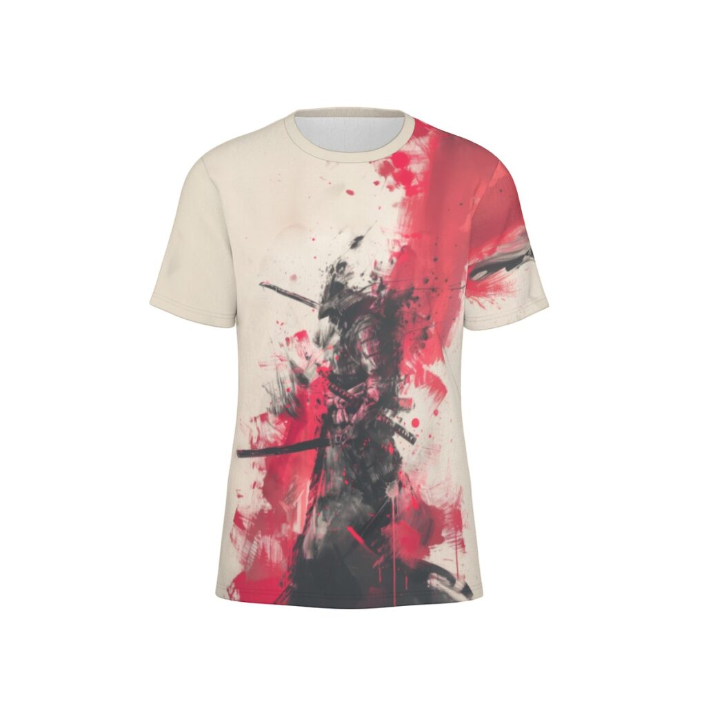 Black samurai on red splashes front view all-over-print cotton t-shirt