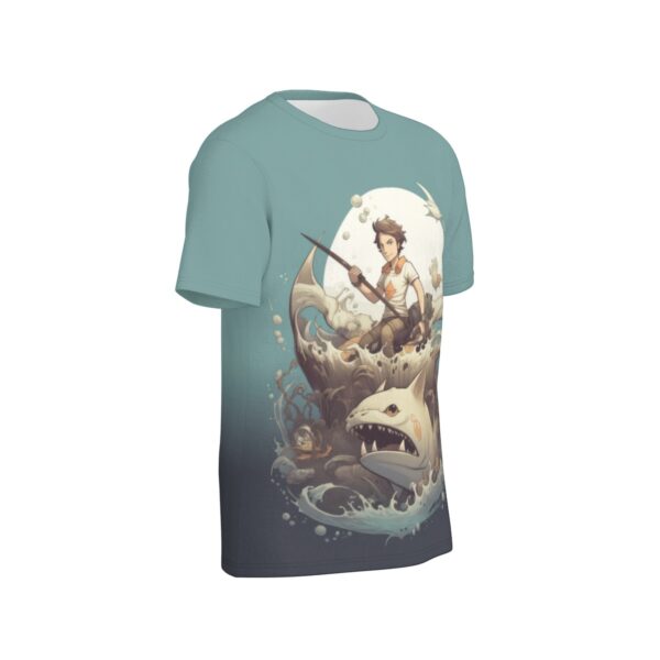 Fisherman on a shark angled view all-over-print cotton t-shirt