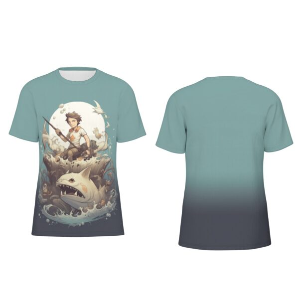 Fisherman on a shark both sides all-over-print cotton t-shirt