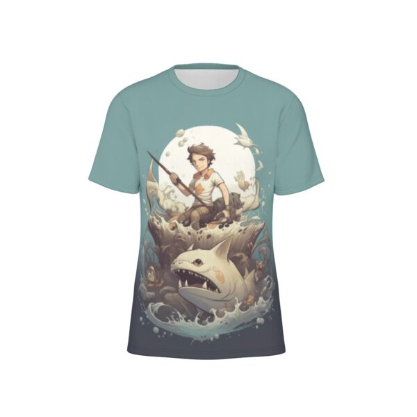 Fisherman on a shark front view all-over-print cotton t-shirt