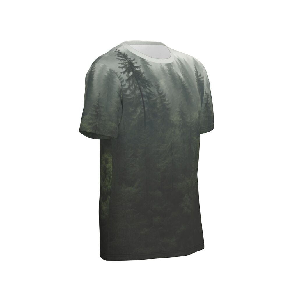 Green forest in the fog angled view all-over-print cotton t-shirt