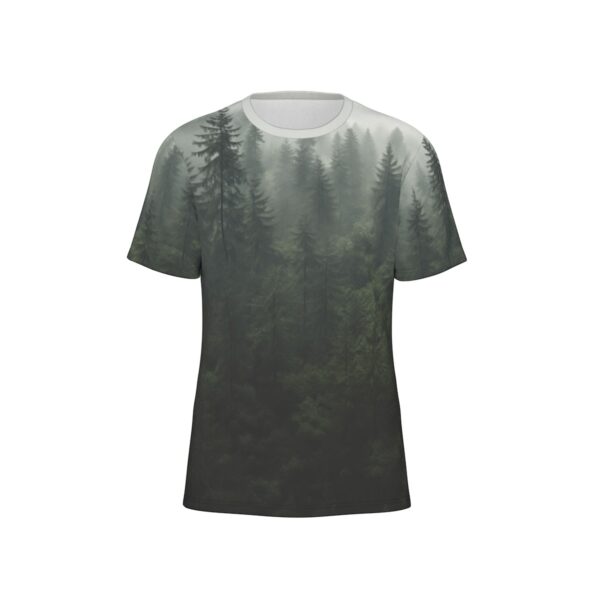 Green forest in the fog front view all-over-print cotton t-shirt