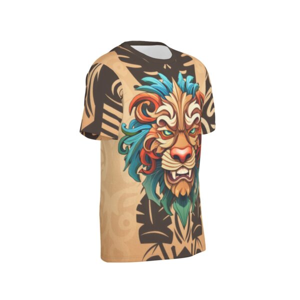 Lion head tribal mask angled view all-over-print cotton t-shirt