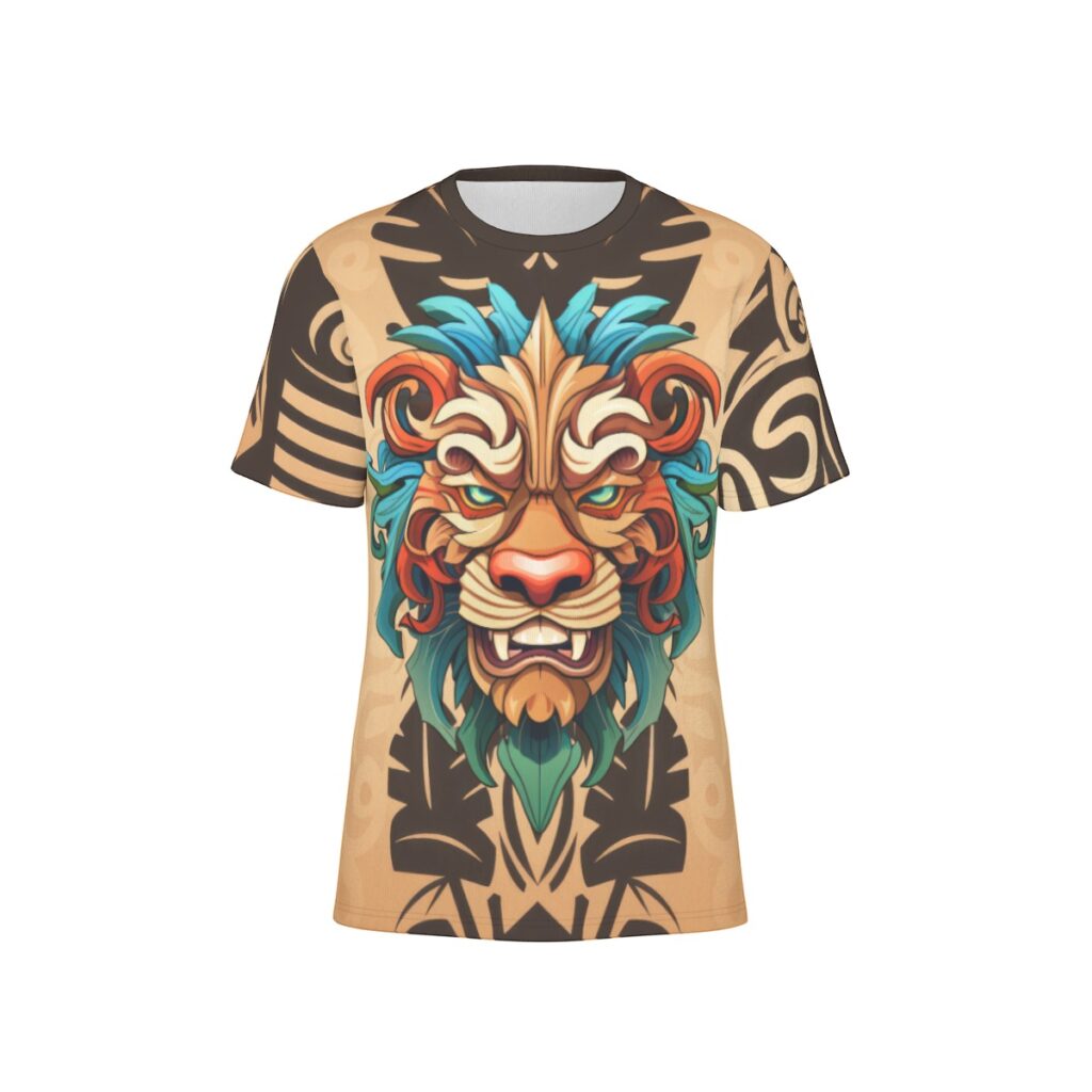 Lion head tribal mask front view all-over-print cotton t-shirt