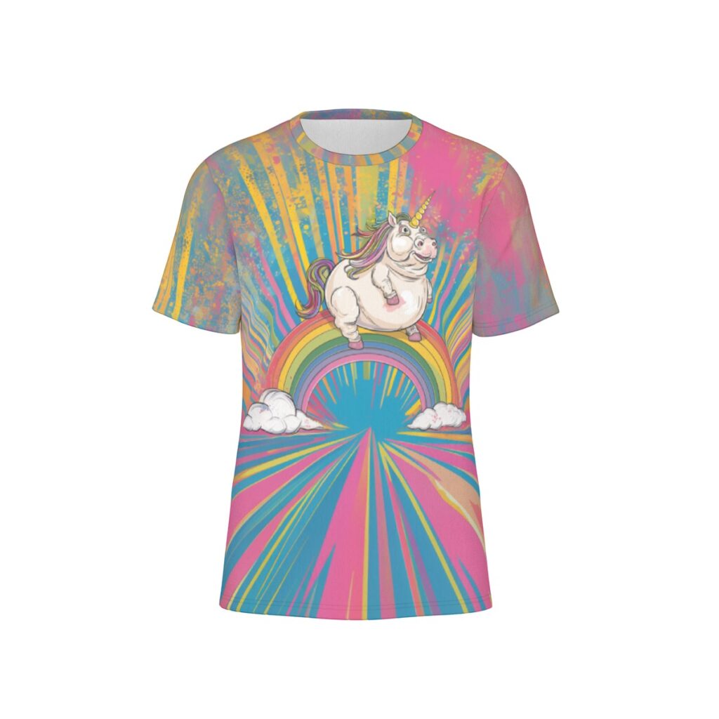 Unicorn on a rainbow front view all-over-print cotton t-shirt